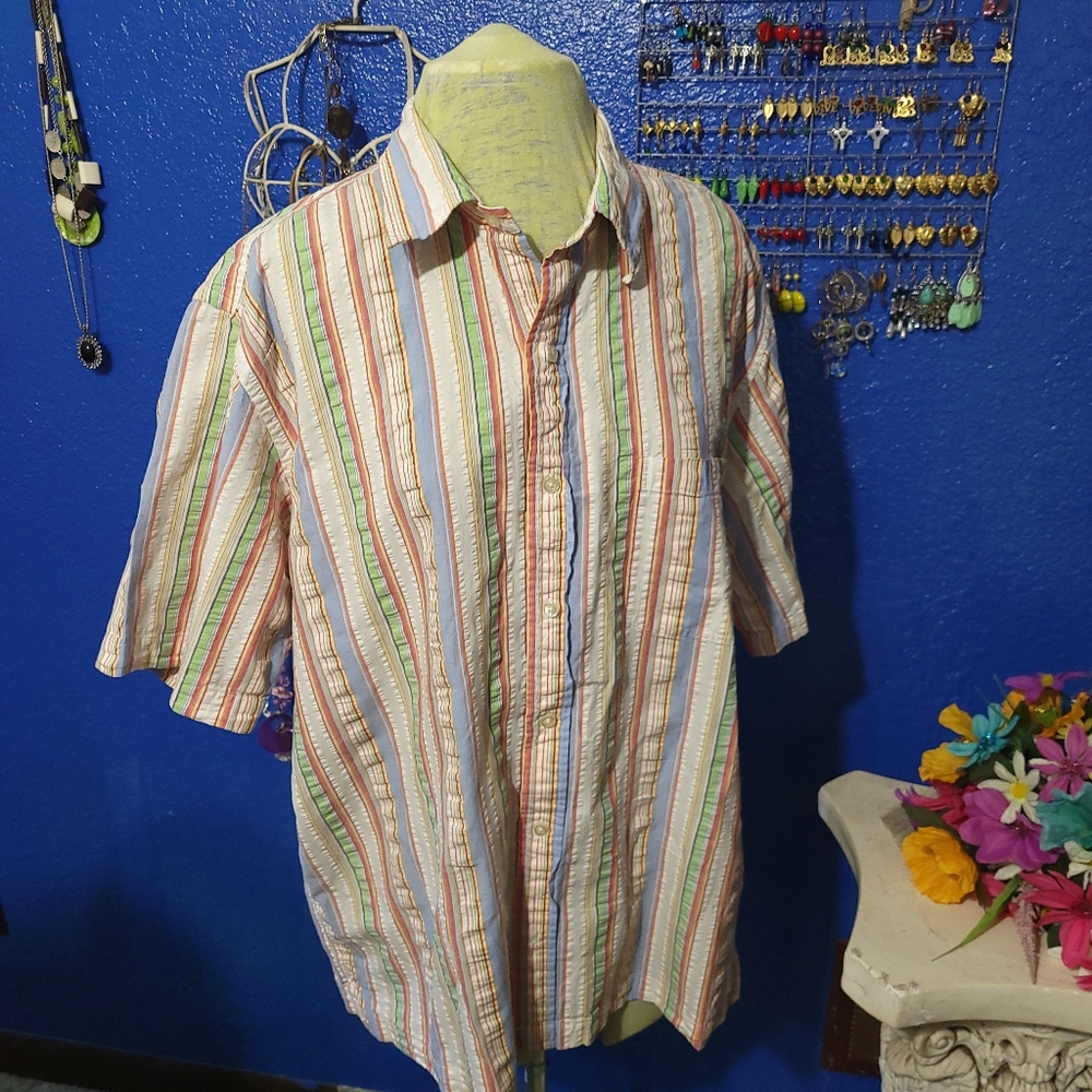 Lands End Men's multi colored Striped cotton button up shirt size large